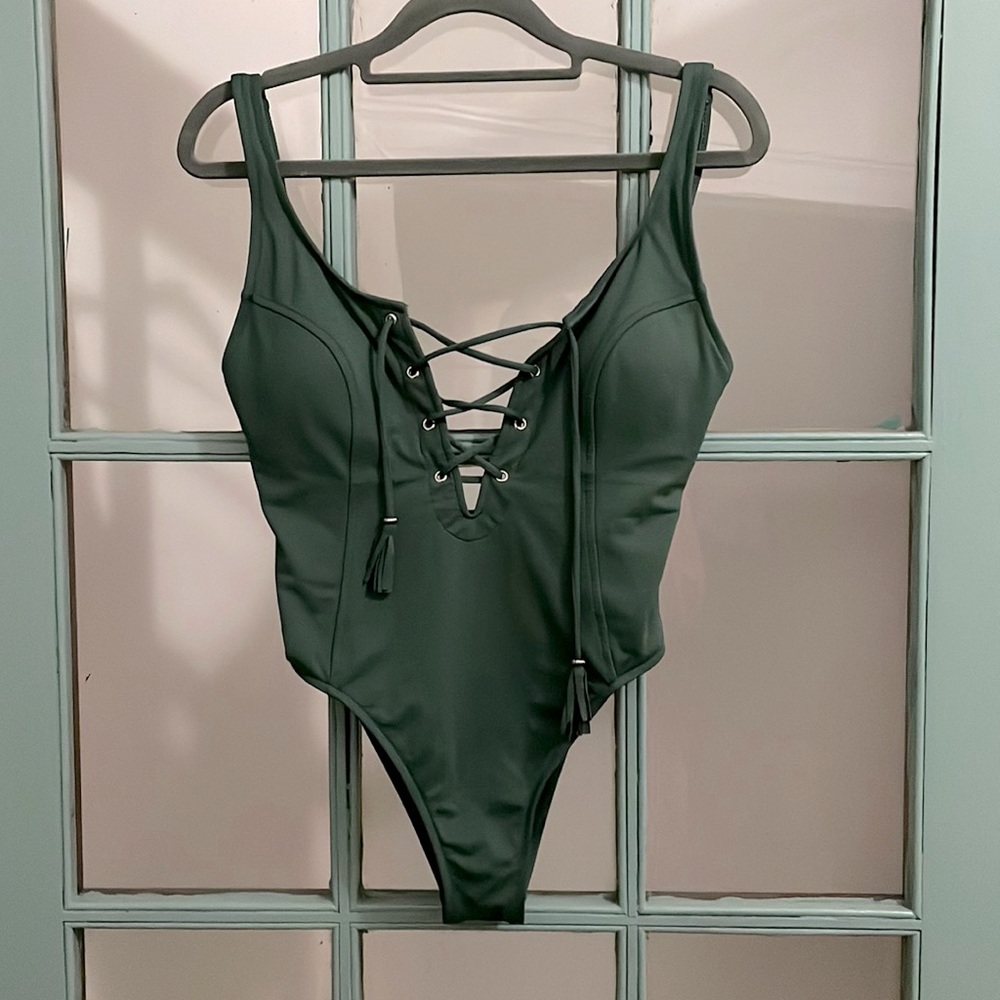 BAKU Swim 1 piece swimsuit, olive green lace up tassel, aus size 10= US size 6/7